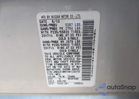 2010 Nissan Murano Le z USA, uszkodzony, nr VIN JN8AZ1MW7AW133078